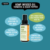 Hemp infused oil with Turmeric and Black Pepper natural supplement promoting mobility joint support and immune system health.